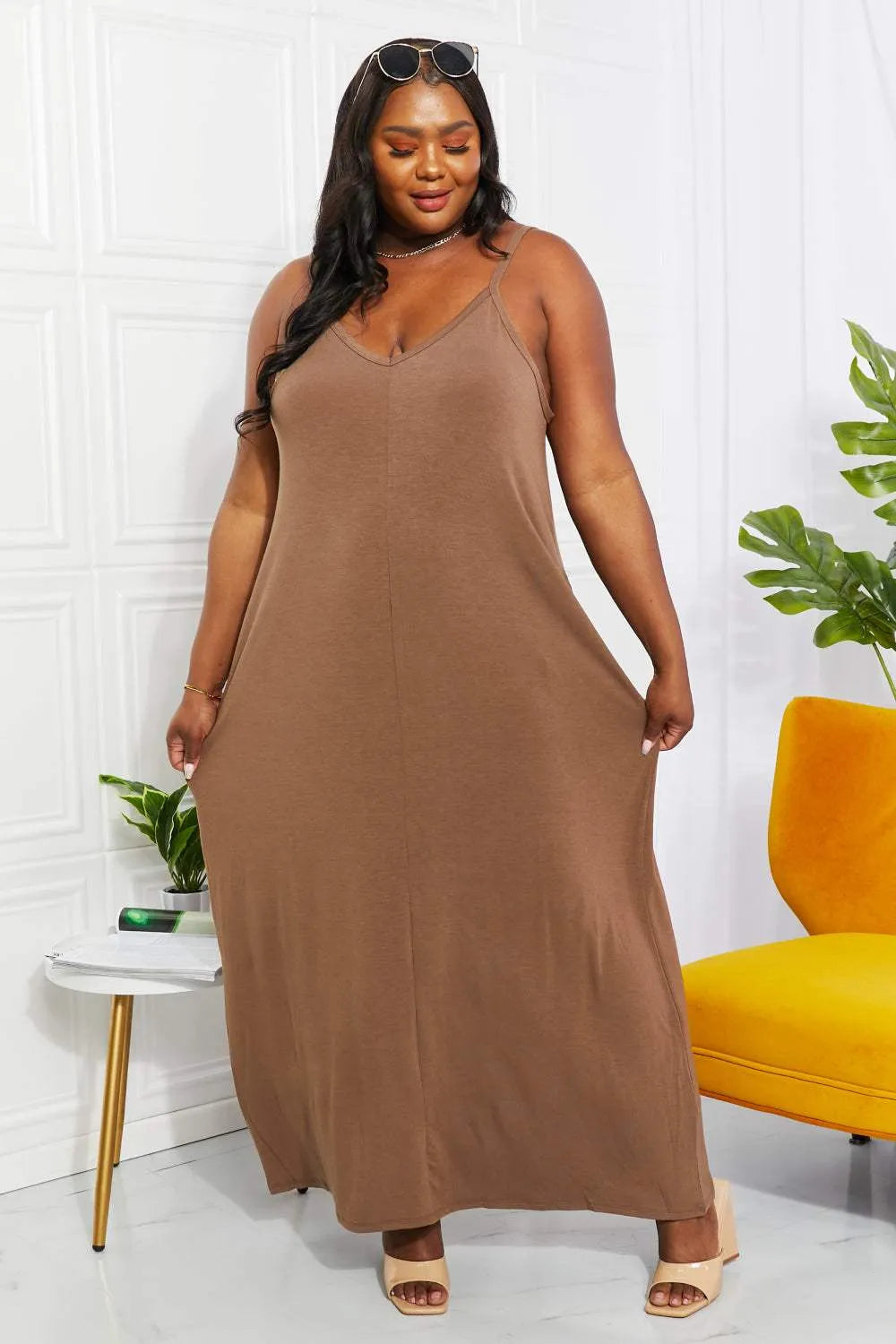 Zenana Full Size Beach Vibes Cami Maxi Dress in Mocha Casual Dresses - Tophatter Daily Deals