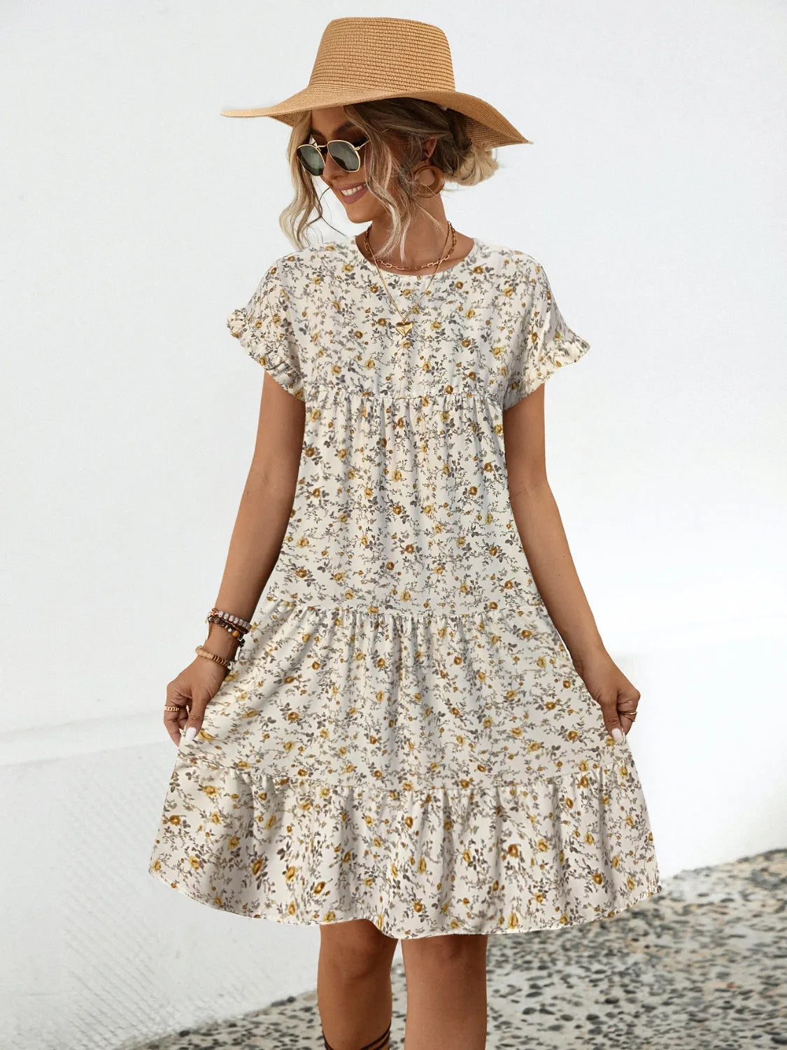 Frill Floral Round Neck Short Sleeve Tiered Dress Casual Dresses - Tophatter Daily Deals