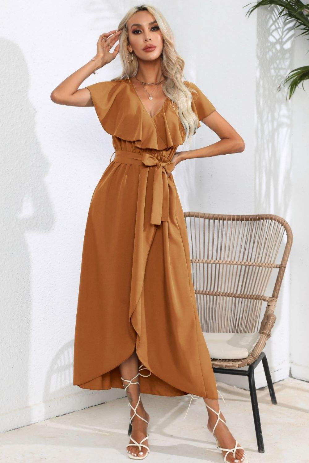 Ruffled Tied V-Neck Midi Dress Casual Dresses - Tophatter Daily Deals