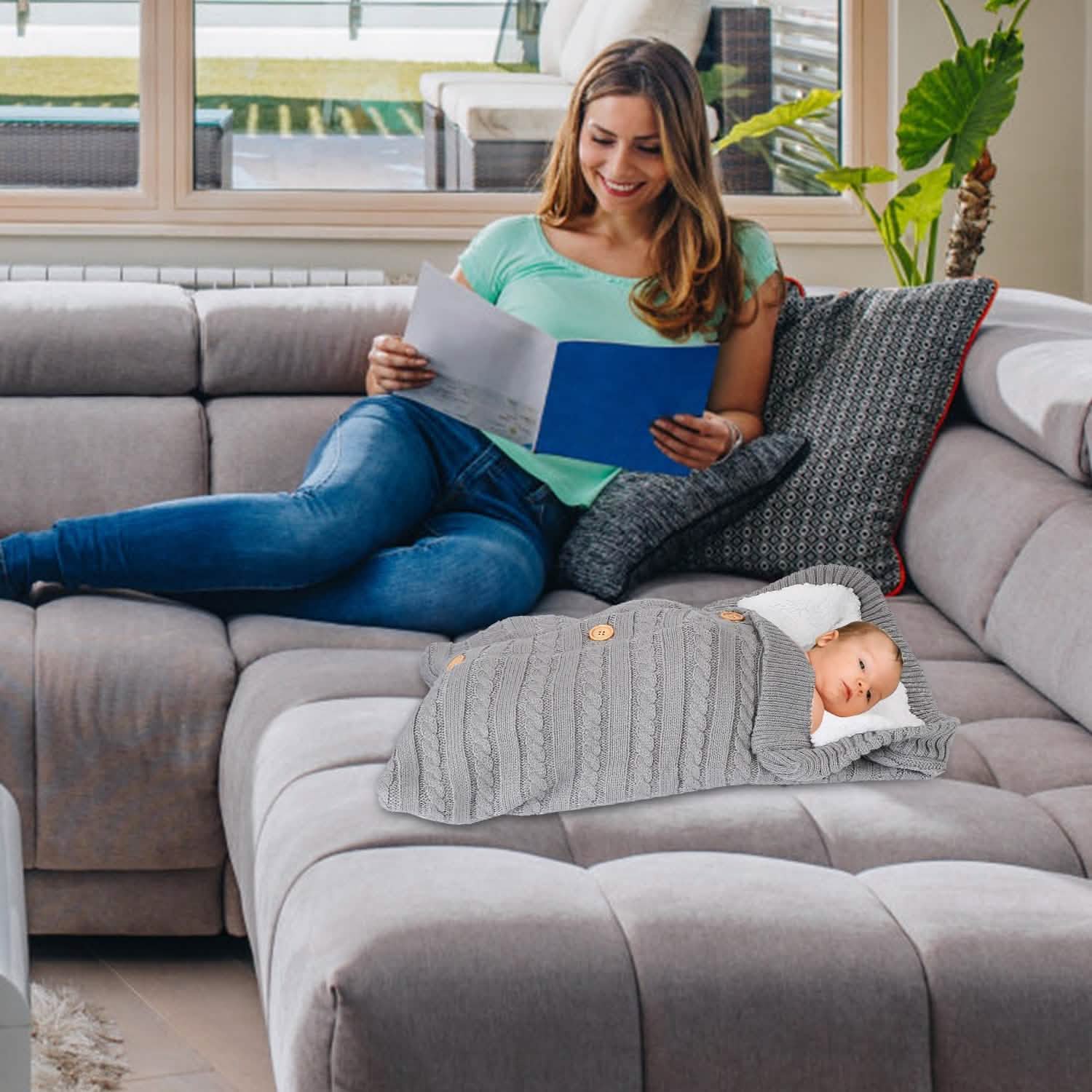 Baby Knit Swaddle Blanket Wrap with Buttons Baby Gear - Tophatter Daily Deals