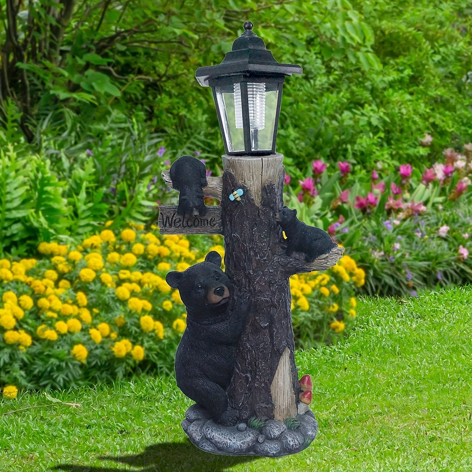 Solar Resin Bear Statue with LED Lights Lawn Ornaments & Garden Sculptures - Tophatter Daily Deals