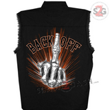 Back Off Bone Middle Finger Sleeveless Denim Biker Shirt - Black Sleeveless Denim - Tophatter Daily Deals