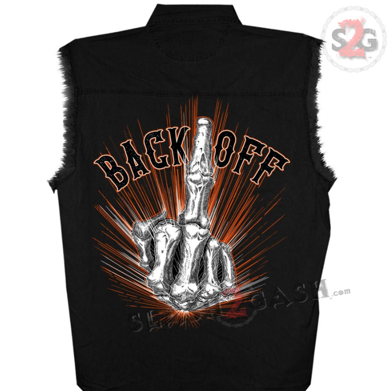 Back Off Bone Middle Finger Sleeveless Denim Biker Shirt - Black Sleeveless Denim - Tophatter Daily Deals