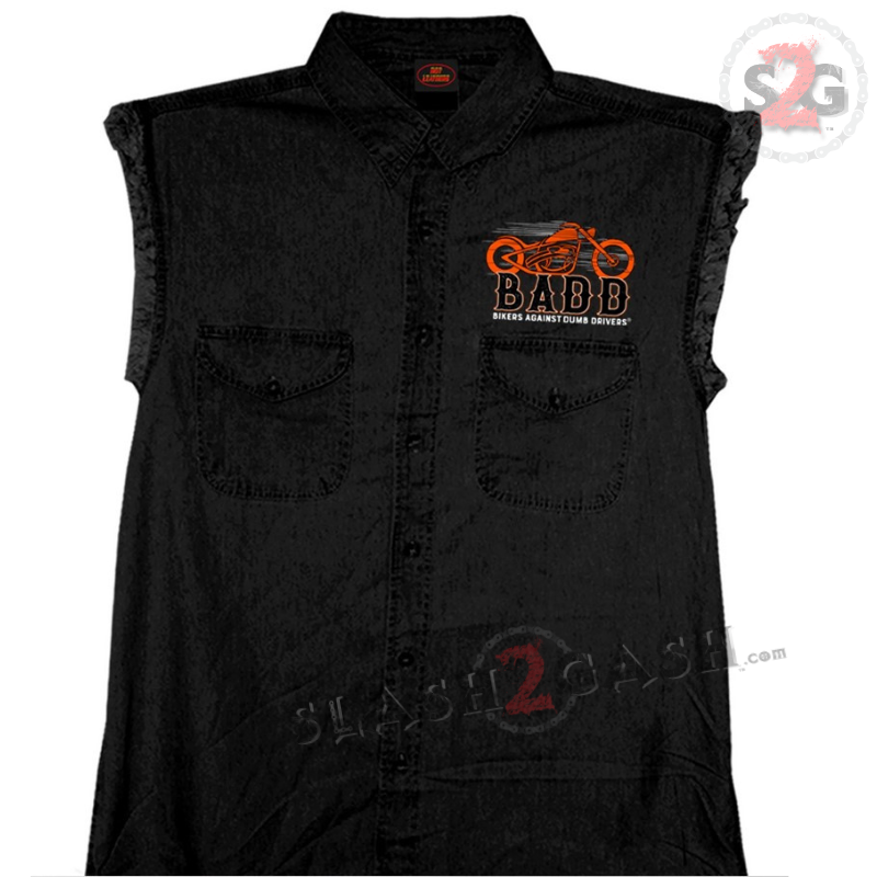 Back Off Bone Middle Finger Sleeveless Denim Biker Shirt - Black Sleeveless Denim - Tophatter Daily Deals