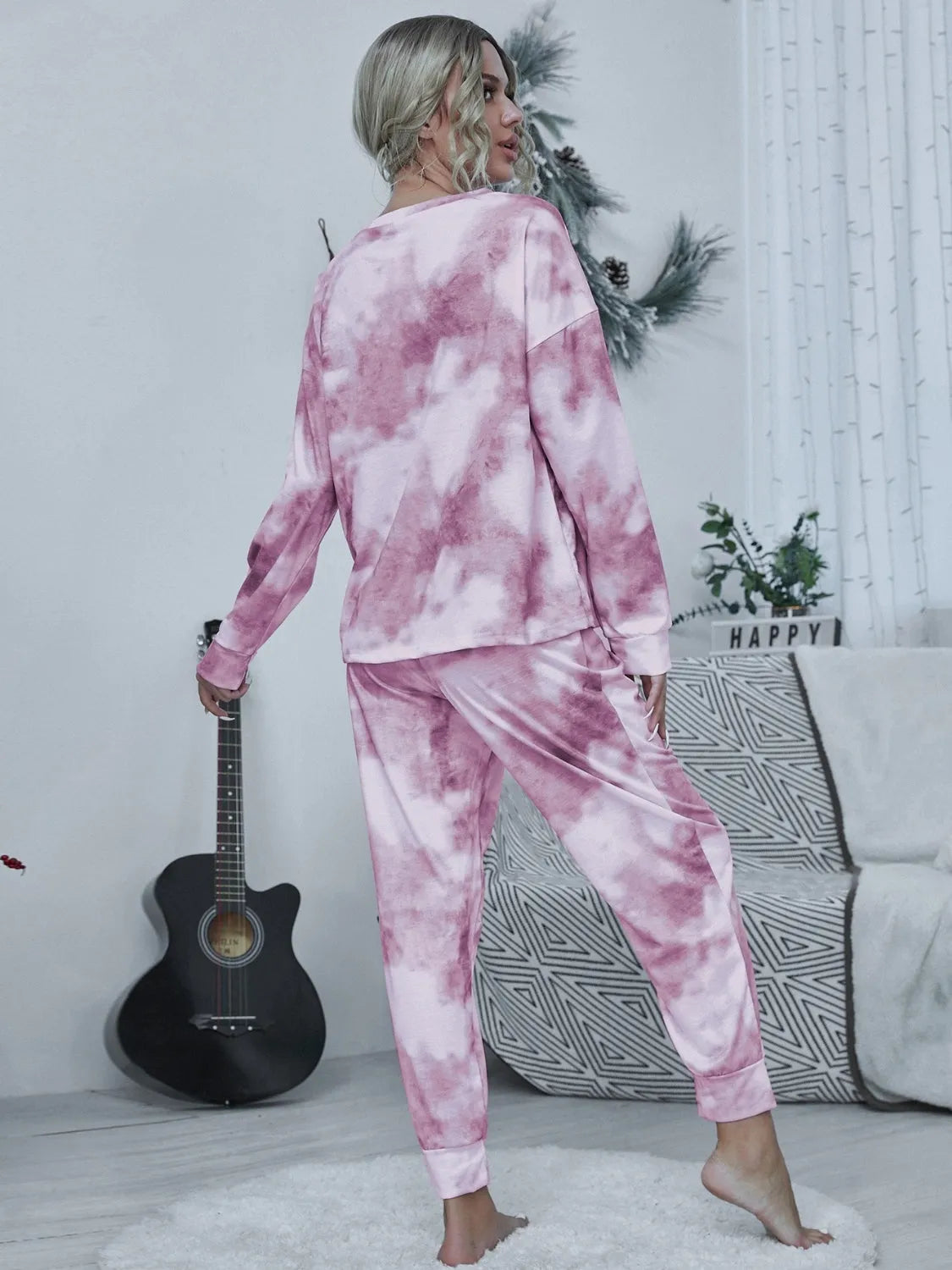 Tie-dye Round Neck Top and Drawstring Pants Lounge Set Loungewear Sets - Tophatter Daily Deals