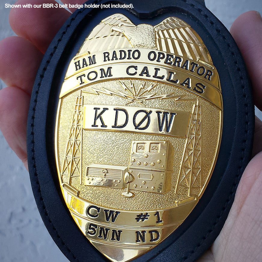 Ham Radio Leather Belt Badge Holder - Custom Cut - Tophatter's Weapons'N'Deals Badge Holders - Tophatter Daily Deals
