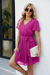 Surplice Neck Tie Waist Flutter Sleeve Pleated Dress Deep Rose Casual Dresses - Tophatter Daily Deals