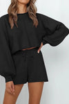 Round Neck Long Sleeve Top and Drawstring Shorts Lounge Set Black Loungewear Sets - Tophatter Daily Deals