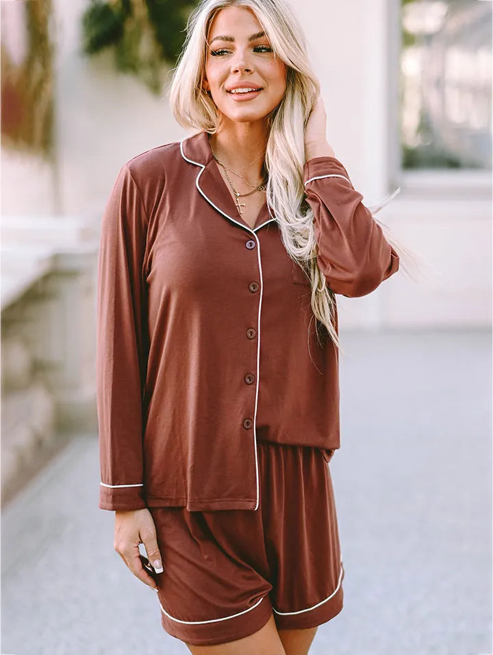 Lapel Collar Long Sleeve Buttoned Top and Shorts Lounge Set Loungewear Sets - Tophatter Daily Deals