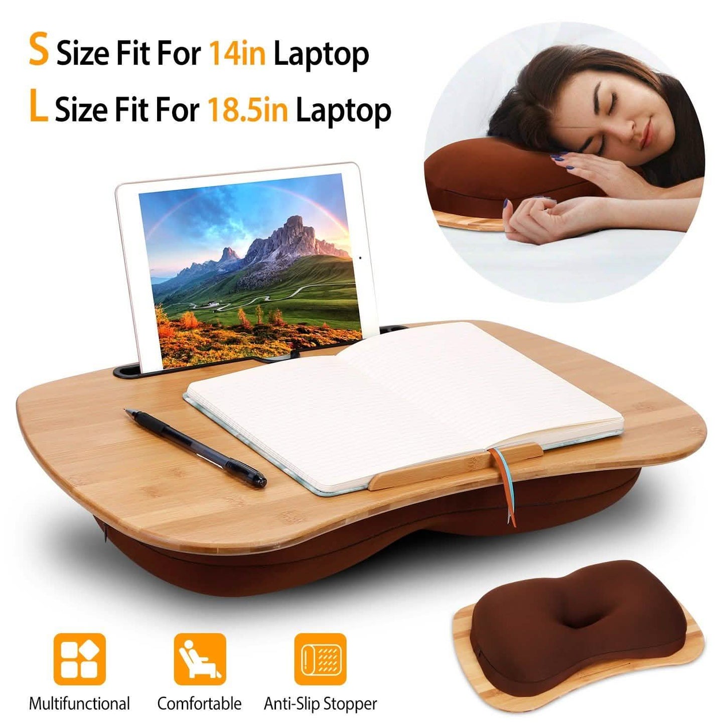 Bamboo Laptop Lap Desk with Pillow Cushion Stand Holder Table Computer Accessories - Tophatter Daily Deals