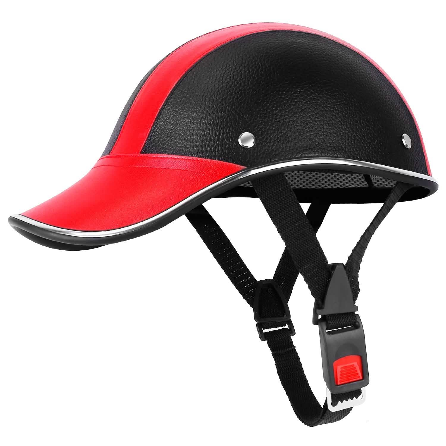 Baseball Cap Anti-UV Cycling Motorcycle Hat Leather Helmet Red Outdoor Recreation - Tophatter Daily Deals