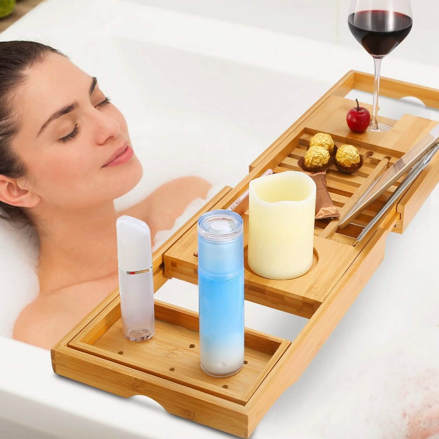 Bathtub Caddy Tray Crafted Bamboo Bath - Tophatter Daily Deals