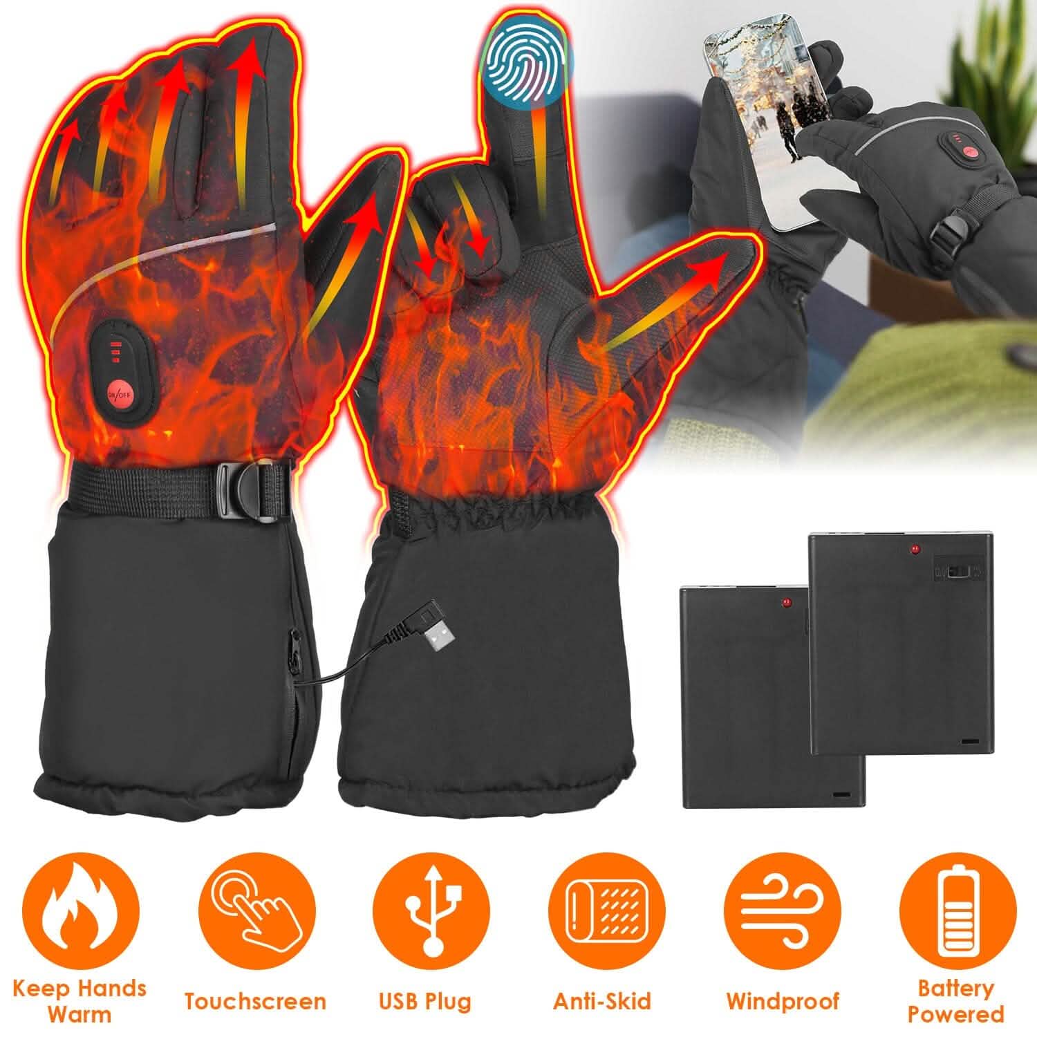 Battery Powered USB Touchscreen Thermal Gloves Outdoor Recreation - Tophatter Daily Deals