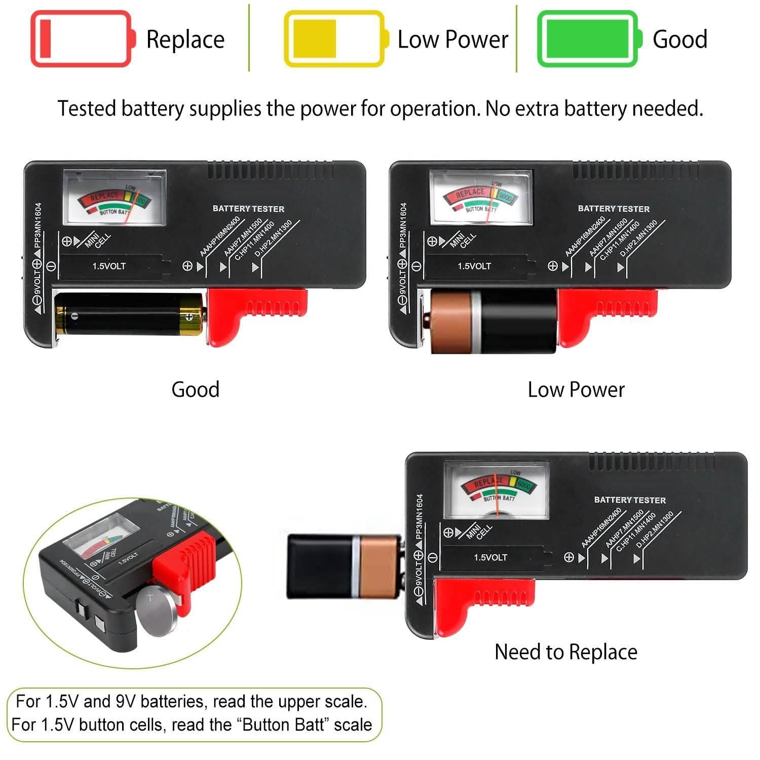 Battery Tester Checker Universal For AA AAA C D 9V 1.5V Button Cell Battery Batteries & Power Accessories - Tophatter Daily Deals