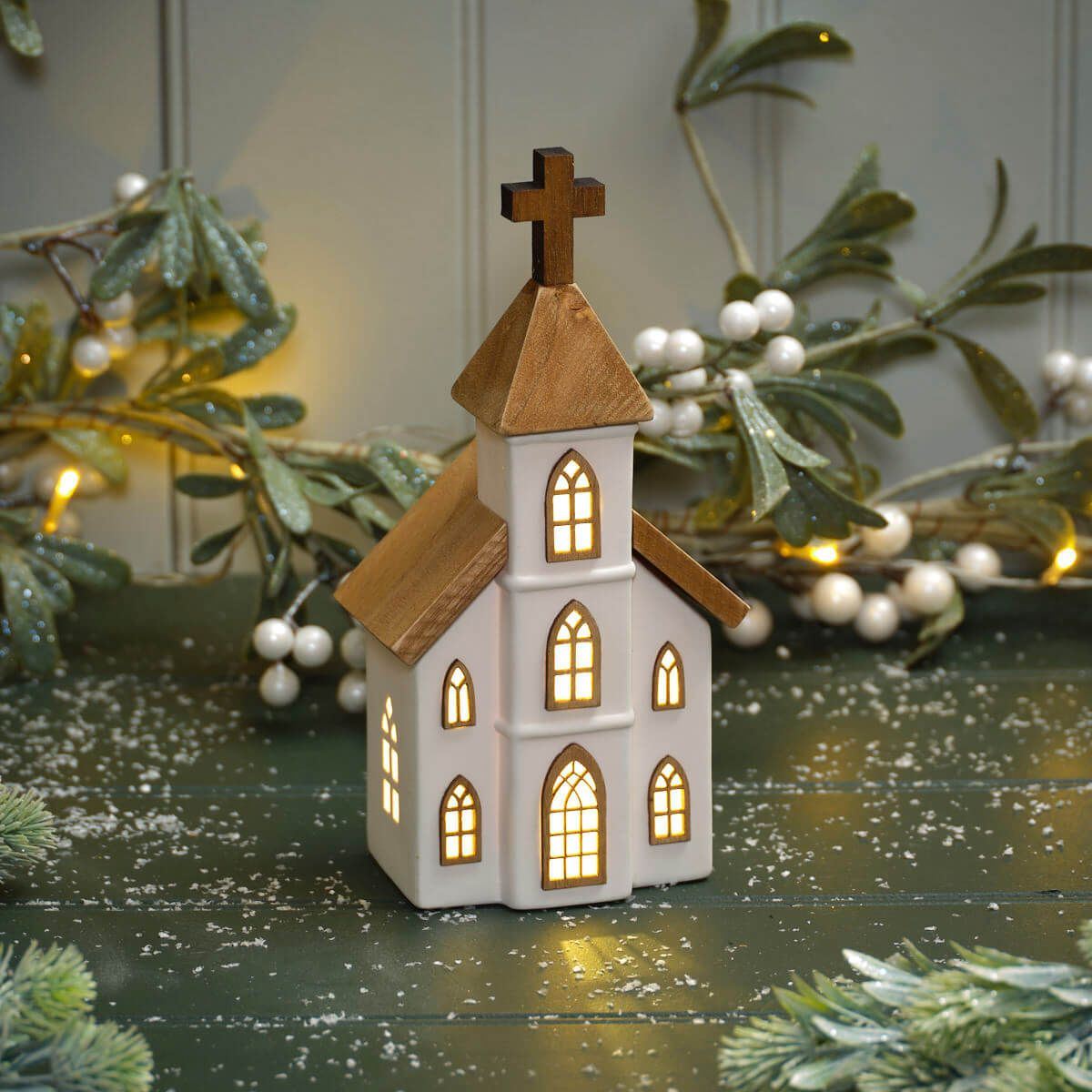 LED Ceramic Christmas Church | Light Up Ceramic & Wood Chapel Ornament - 23cm LED Light - Tophatter Daily Deals