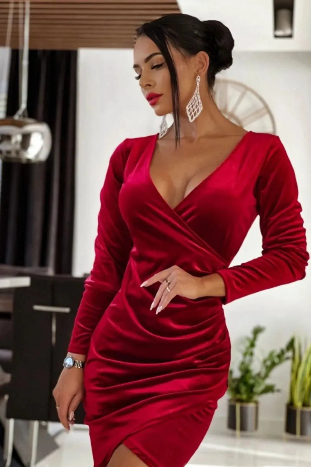 Surplice Long Sleeve Mini Dress Cocktail Dresses - Tophatter Daily Deals
