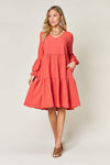 Double Take Full Size V-Neck Balloon Sleeve Tiered Dress Casual Dresses - Tophatter Daily Deals