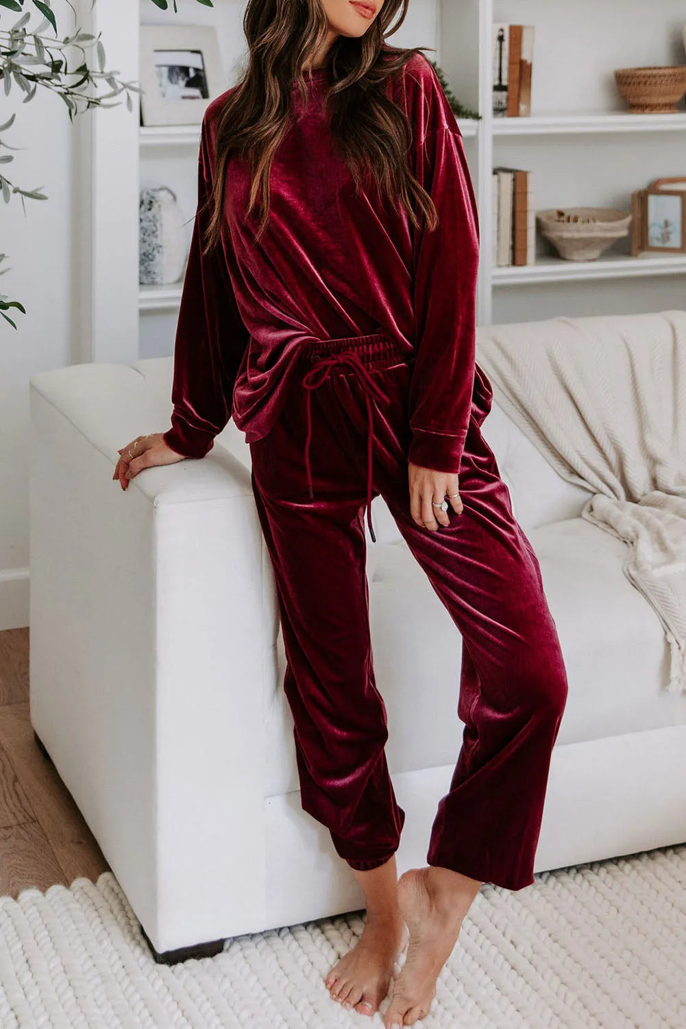 Fiery Red Solid Velvet Two Piece Lounge Set Fiery Red 95%Polyester+5%Elastane Loungewear & Sleepwear/Loungewear - Tophatter Daily Deals