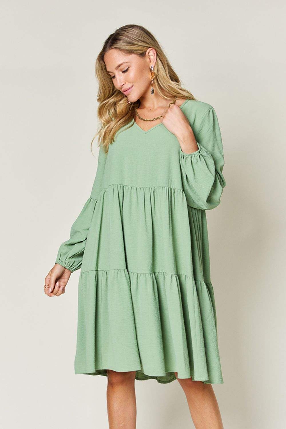 Double Take Full Size V-Neck Balloon Sleeve Tiered Dress Gum Leaf Casual Dresses - Tophatter Daily Deals