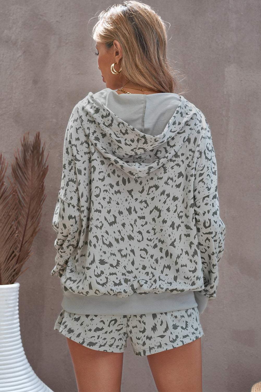 Animal Print Drawstring Detail Hoodie and Shorts Lounge Set Loungewear Sets - Tophatter Daily Deals