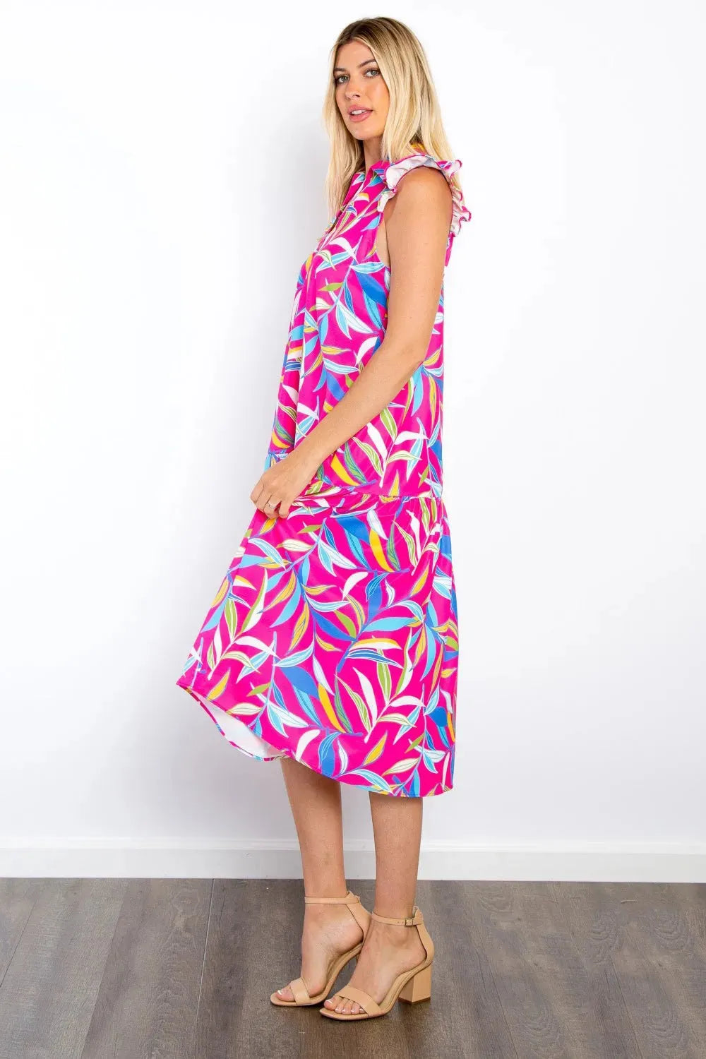 Be Stage Print Ruffled Midi Dress with Pockets Casual Dresses - Tophatter Daily Deals