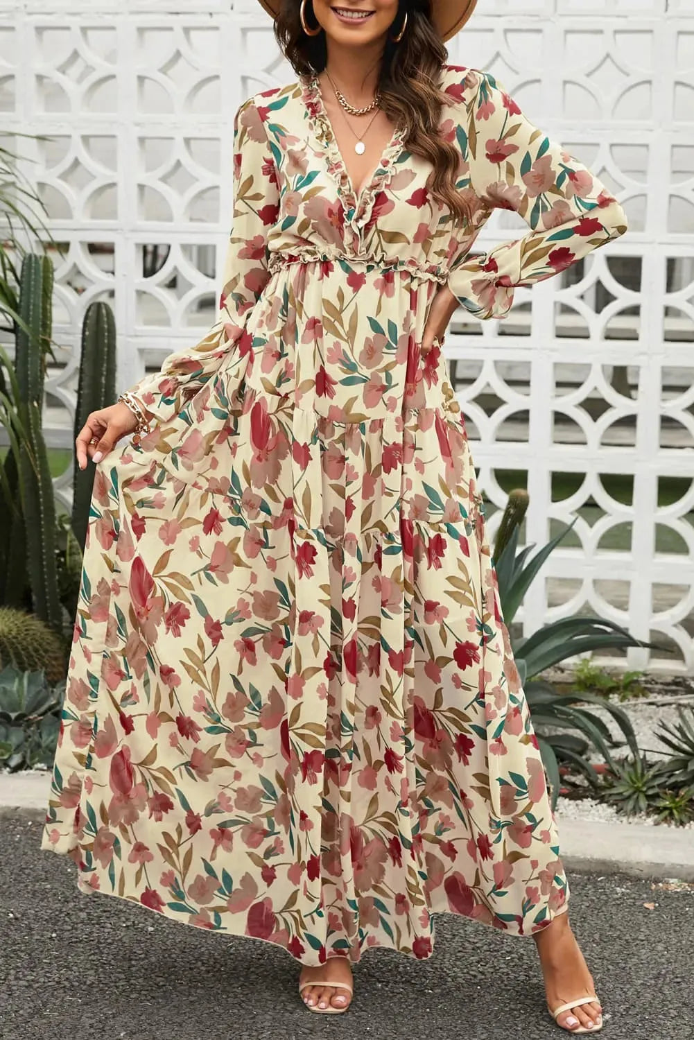 Floral Frill Trim Flounce Sleeve Plunge Maxi Dress Sand Casual Dresses - Tophatter Daily Deals