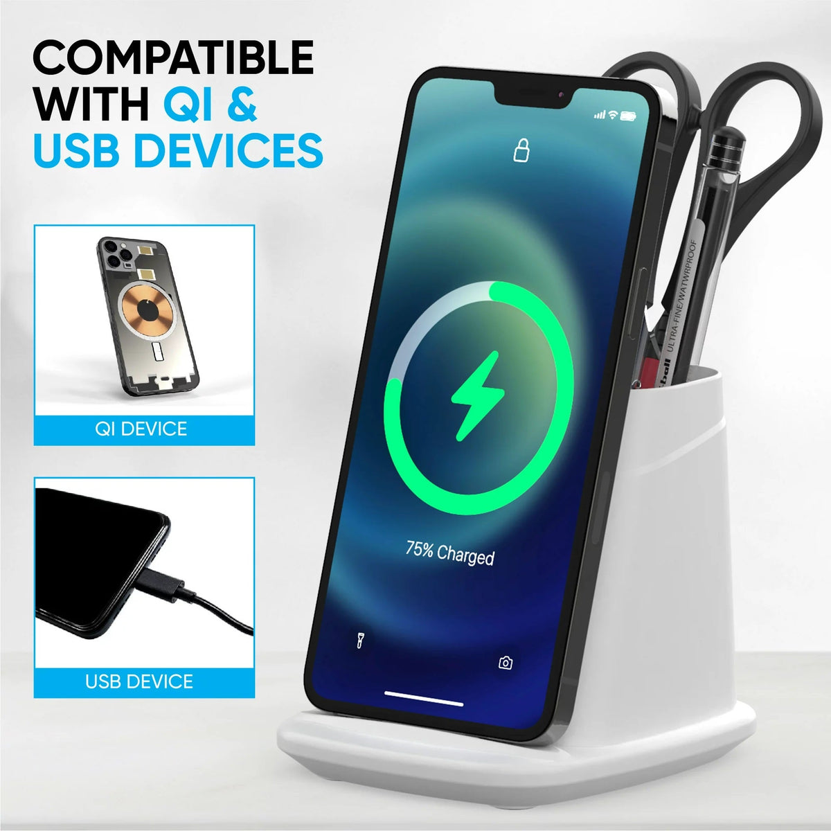 Wireless Charging Stand with Dual USB Charger & Desk Organizer Phone Chargers - Tophatter Daily Deals