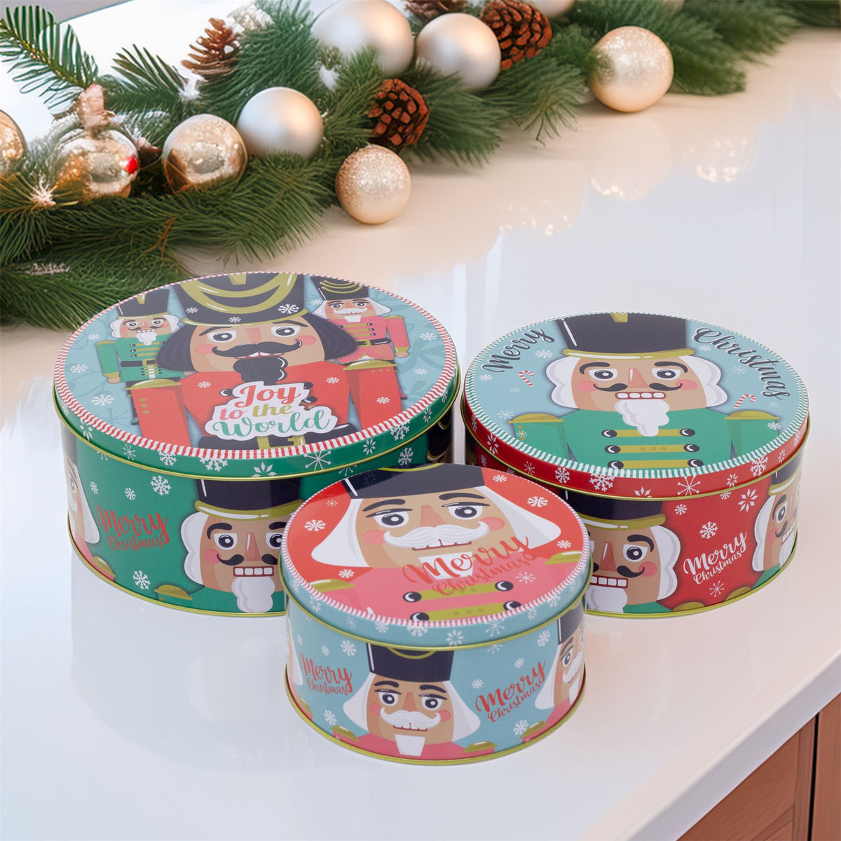 Set of 3 Christmas Storage Tins | 3-piece Nutcracker Round Kitchen Nesting Tins Biscuit Tin - Tophatter Daily Deals
