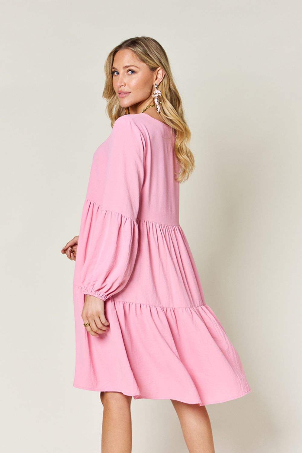 Double Take Full Size V-Neck Balloon Sleeve Tiered Dress Casual Dresses - Tophatter Daily Deals