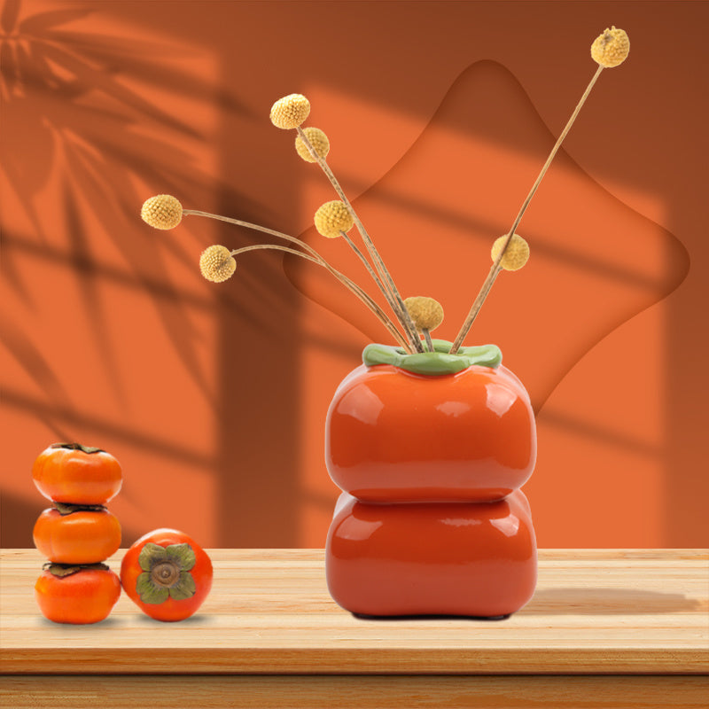 1pc Spring New Year New Chinese Persimmon Vase Flower Arrangement Pen Holder Ceramic Sculpture Means Everything Is Satisfactory 4 - Tophatter Daily Deals