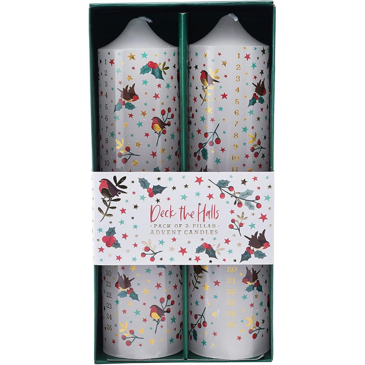 Set of 2 Deck The Halls Christmas Advent Candles | Christmas Pillar Candles Advent Candle - Tophatter Daily Deals