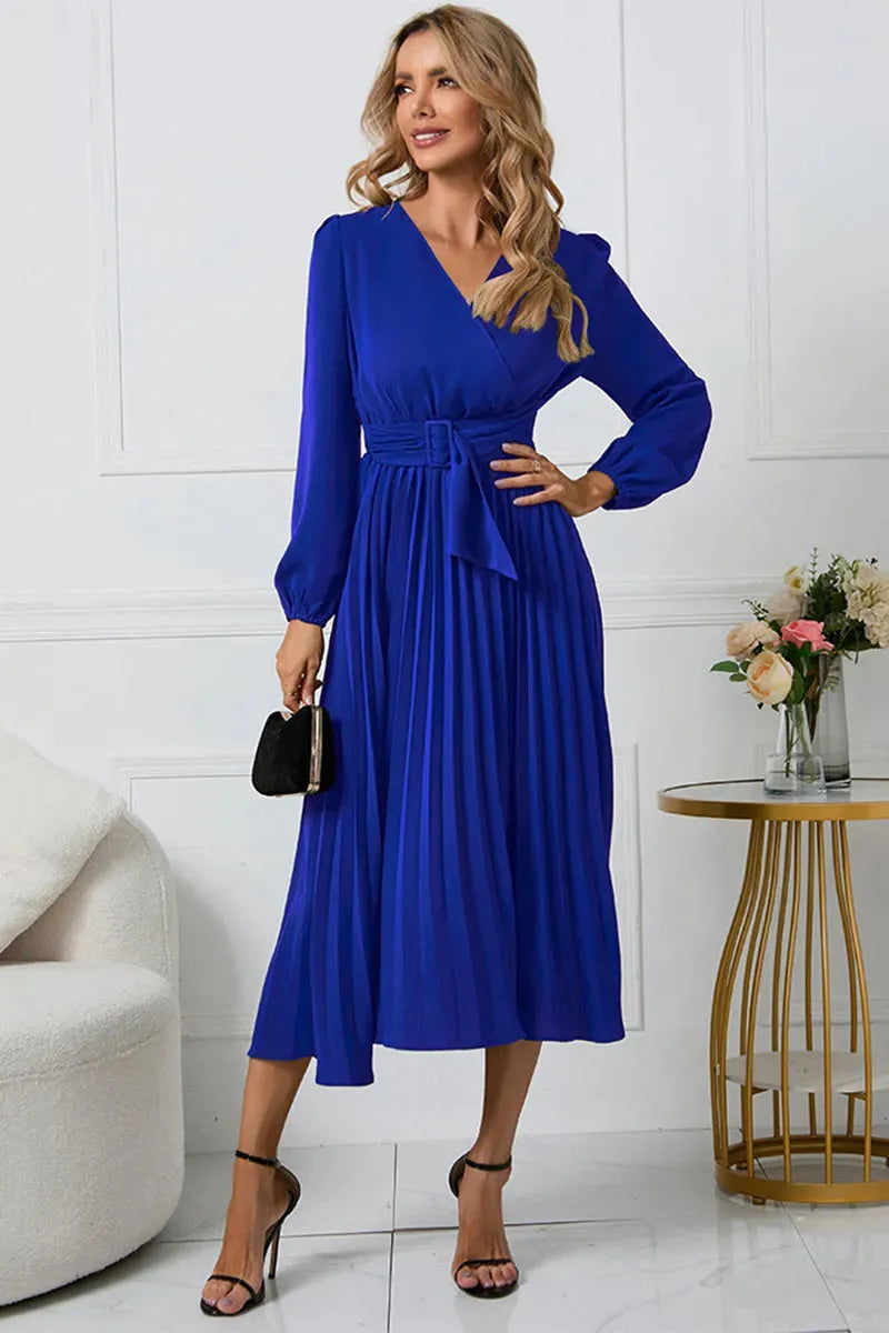 V-Neck Long Sleeve Tie Waist Midi Dress Casual Dresses - Tophatter Daily Deals