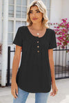 Eyelet Quarter Button Short Sleeve T-Shirt Black Women's T-Shirts - Tophatter Daily Deals