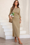 Slit Striped Round Neck Midi Dress Casual Dresses - Tophatter Daily Deals