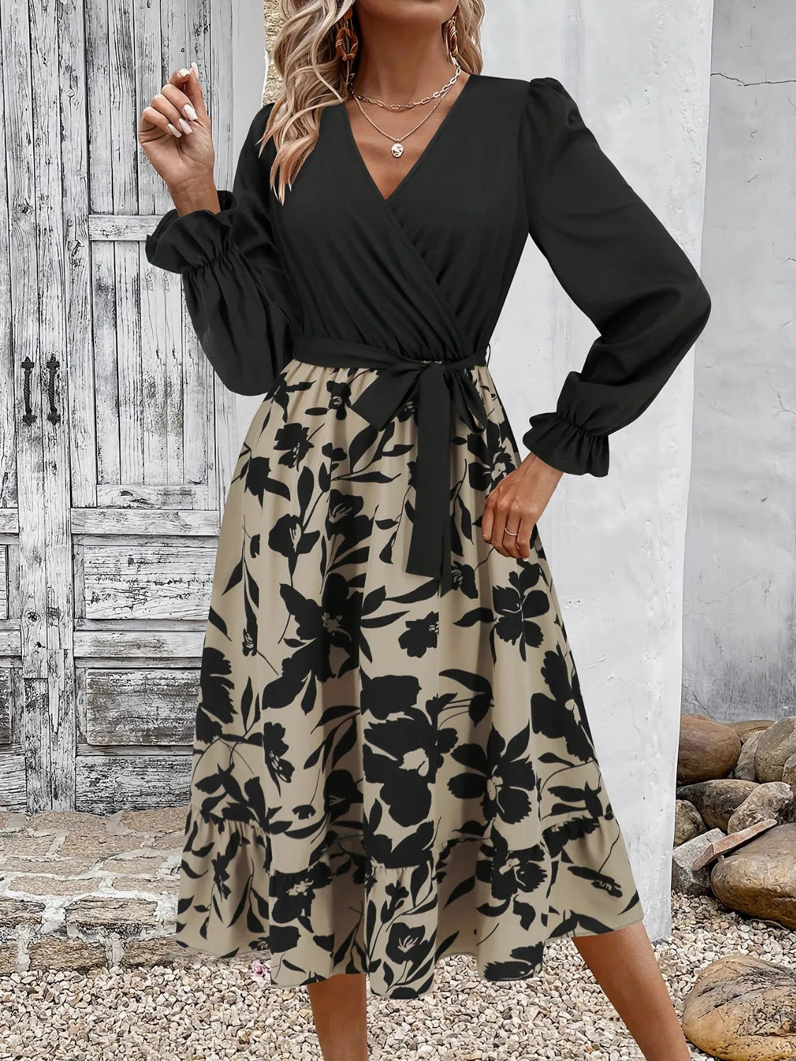 Tied Ruffled Printed Long Sleeve Dress Black Casual Dresses - Tophatter Daily Deals