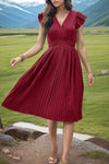 Tied Smocked Waist Flutter Sleeve Dress Deep Red Casual Dresses - Tophatter Daily Deals