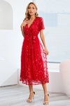 Sequin Leaf Embroidery Tie Front Short Sleeve Dress Cocktail Dresses - Tophatter Daily Deals