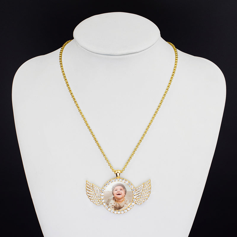 Angel Wings Medallions Custom Photo Pendant Necklace For Men Hip Hop Jewelry Iced Out Pendant Custom Engraved Name Memory Gift 7 - Tophatter Daily Deals