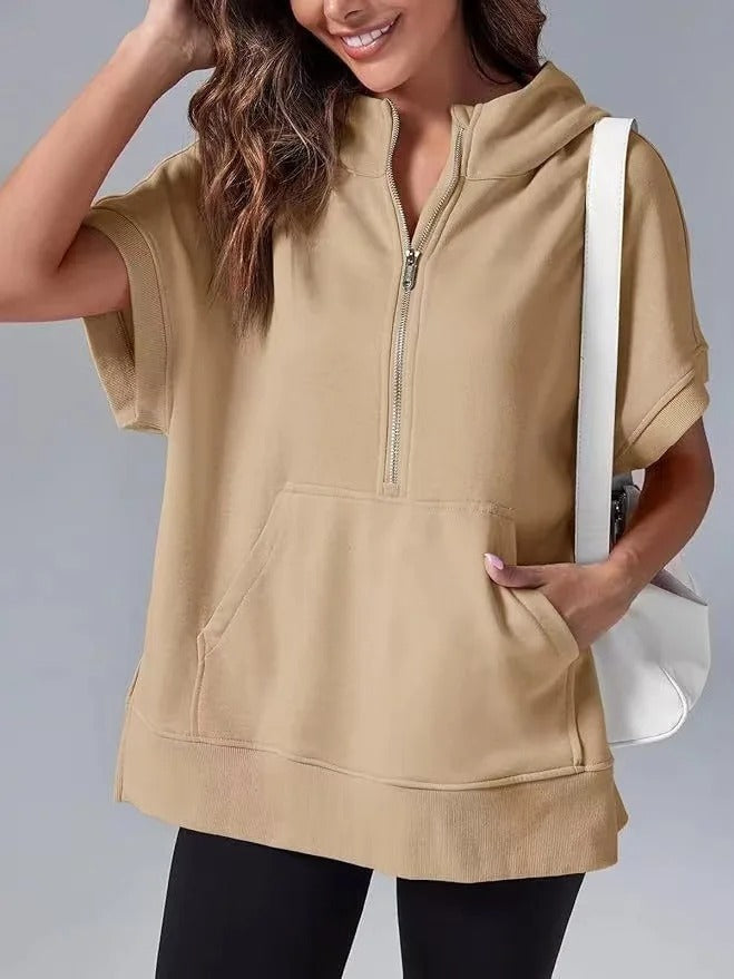 Lightweight Women's Short Sleeve Hoodie - Oversized Knit Khaki - Tophatter Daily Deals