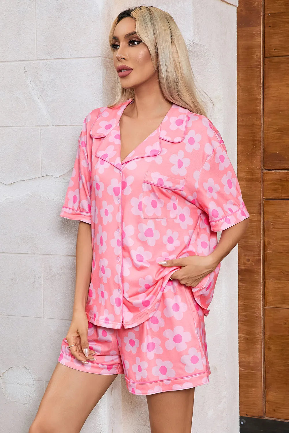 Pink Flower Print Short Sleeve Shirt Pajamas Set Loungewear & Sleepwear/Sleepwear - Tophatter Daily Deals