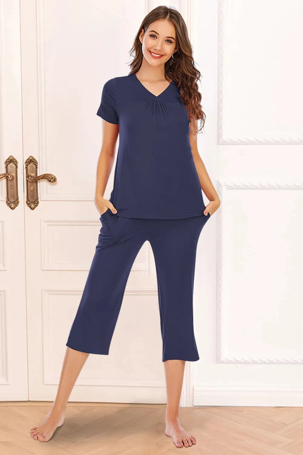 V-Neck Short Sleeve Top and Pants Lounge Set Dark Blue Loungewear Sets - Tophatter Daily Deals