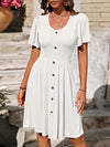 Decorative Button Scoop Neck Short Sleeve Dress White Casual Dresses - Tophatter Daily Deals