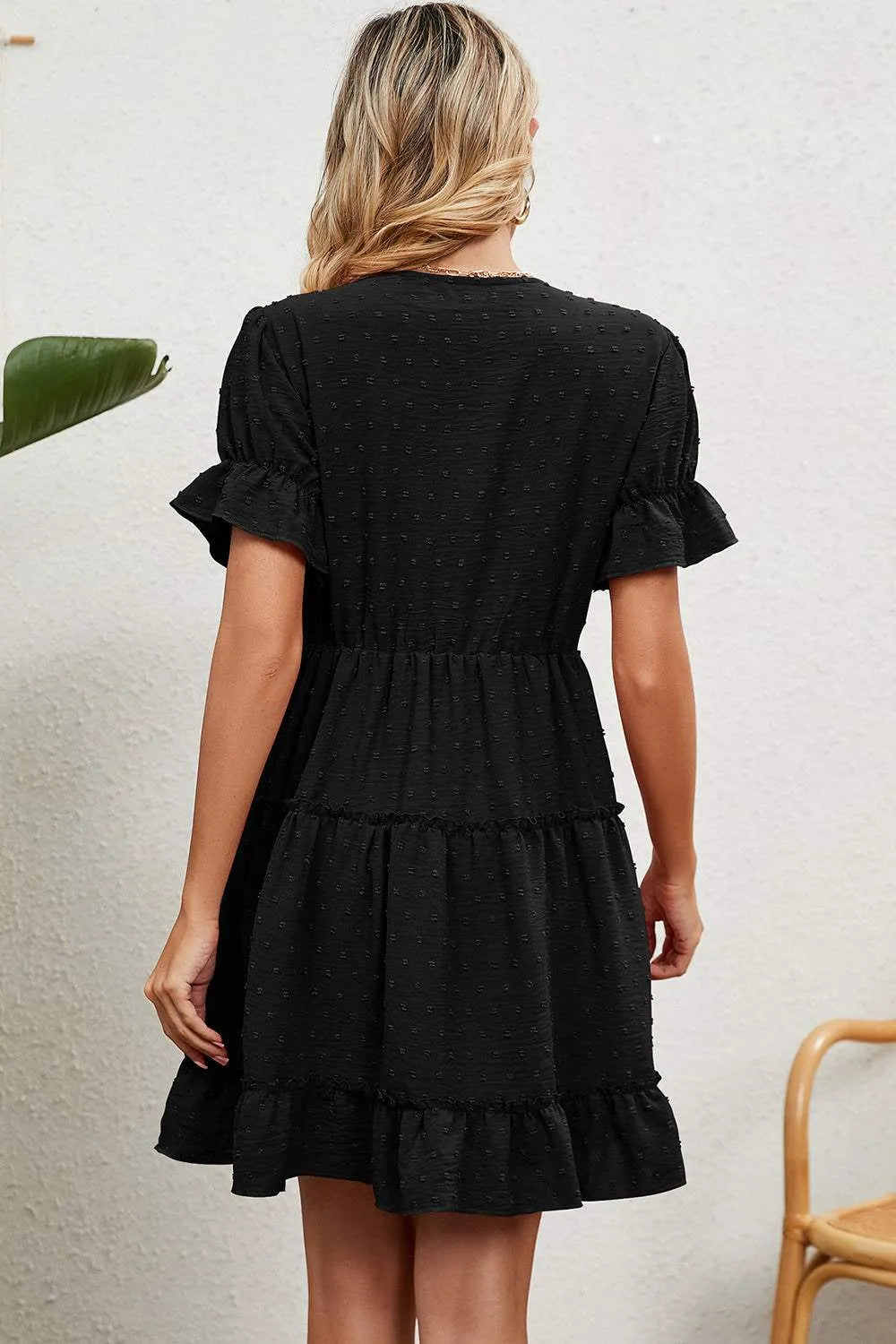 Swiss Dot V-Neck Flounce Sleeve Mini Dress Casual Dresses - Tophatter Daily Deals