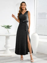Slit Surplice Tie Waist Sleeveless Dress Cocktail Dresses - Tophatter Daily Deals