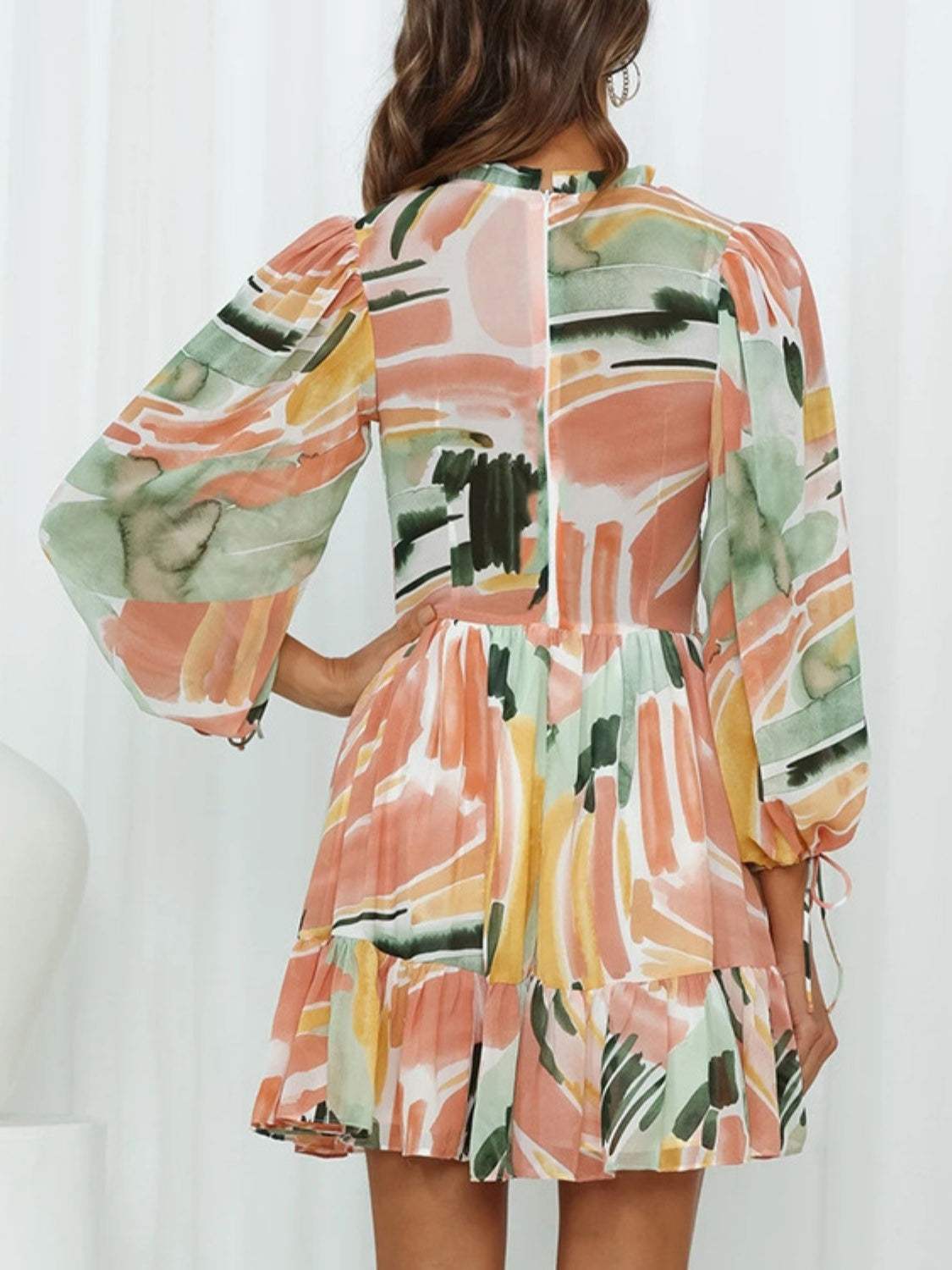 Printed Mock Neck Balloon Sleeve Mini Dress Casual Dresses - Tophatter Daily Deals