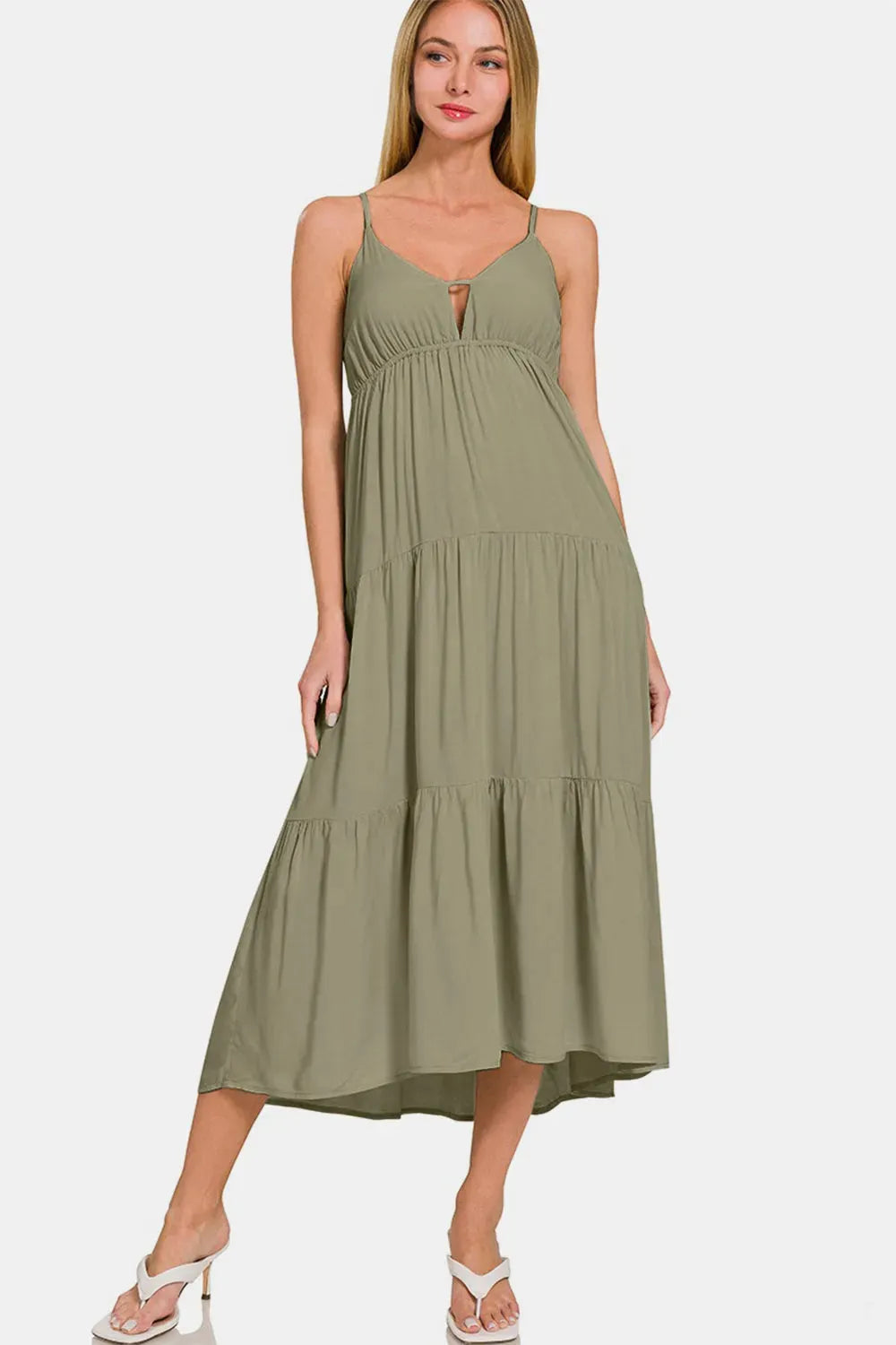 Zenana Woven Tiered Cami Midi Dress OLIVE Casual Dresses - Tophatter Daily Deals