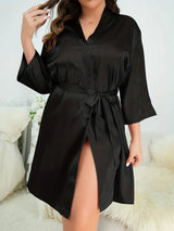Plus Size Surplice Neck Tie Waist Robe Black Sleep Dresses - Tophatter Daily Deals