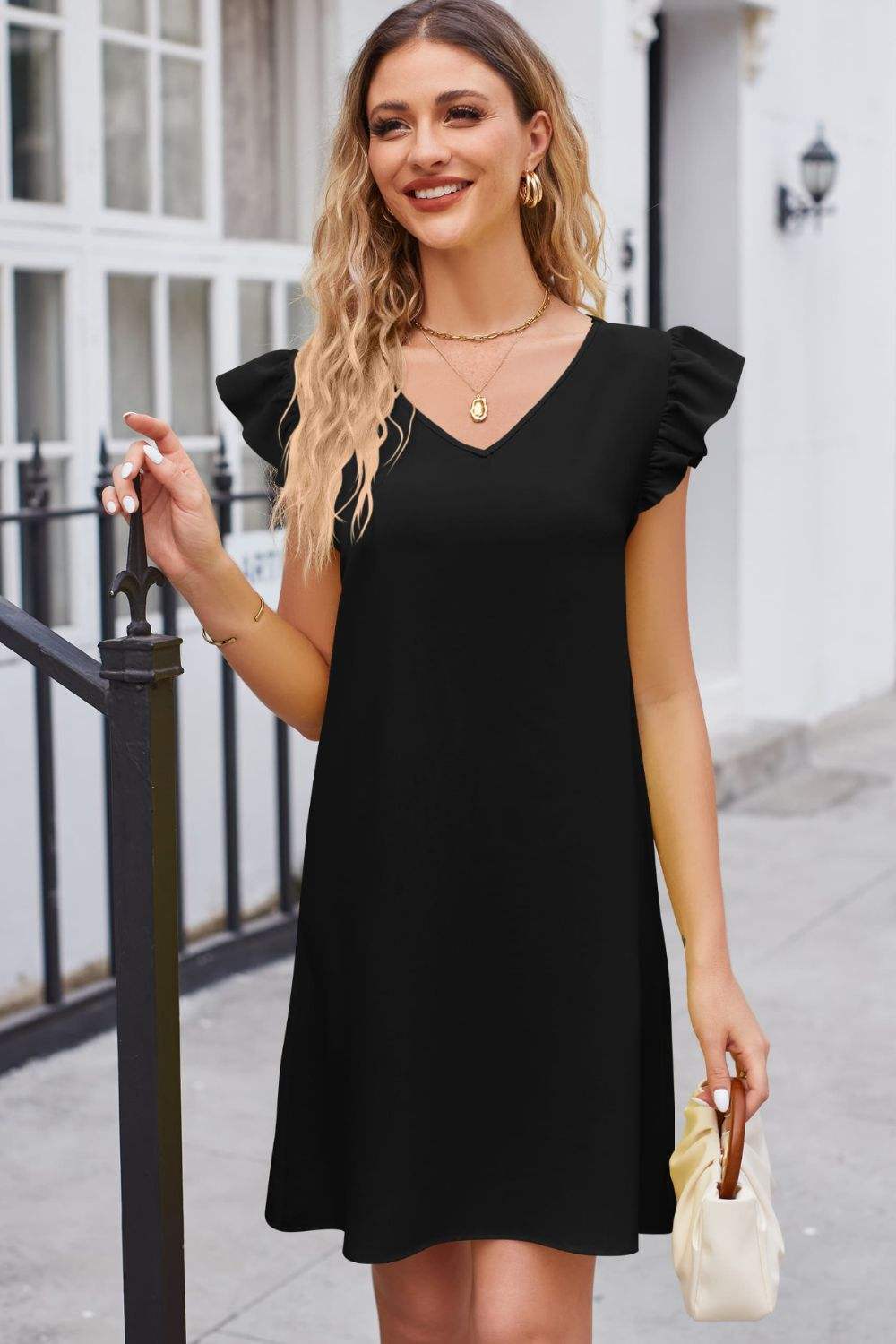 Ruffled V-Neck Flutter Sleeve Dress Casual Dresses - Tophatter Daily Deals