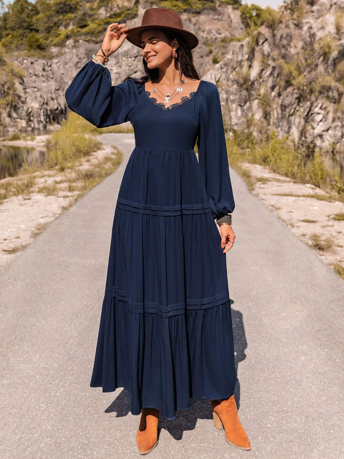 Long Sleeve Lace Trim Maxi Dress Navy Casual Dresses - Tophatter Daily Deals