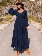 Long Sleeve Lace Trim Maxi Dress Navy Casual Dresses - Tophatter Daily Deals